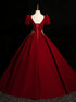 Wine Red Velvet Short Sleeves Long Party Dress, Wine Red Prom Dress with Lace