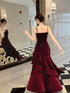 Wine Red Velvet Straps Scoop Long Evening Dress, Wine Red Layers Prom Dress