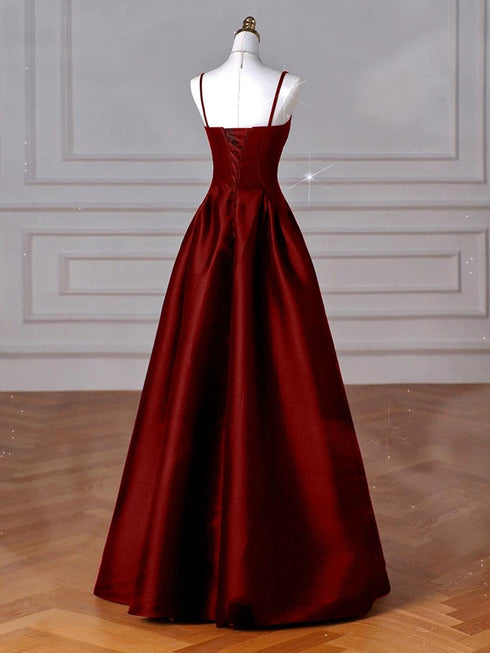 Wine Red Straps A-line Floor Length Simple Party Dress, Wine Red Satin Prom Dress