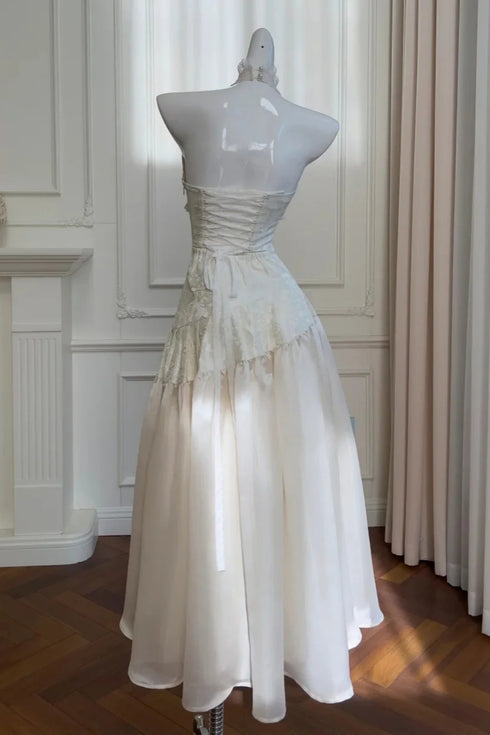 Ivory Fairycore Prom Dress with Ruffles, Low Back Bodice A-Line Evening Dress Maix Dress