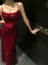 Wine Red Sequins Straps Prom Dress, Wine Red Long Formal Dress Party Dress