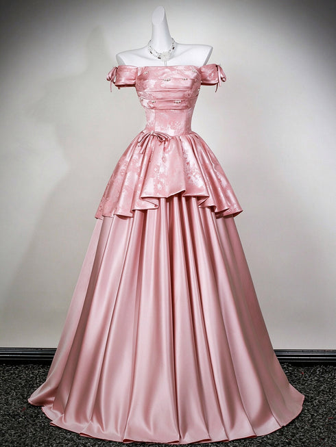 Cute Off Shoulder Pink Satin Ball Gown Evening Dress, Pink Sweet 16 Formal Dress Party Dress
