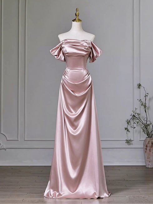 A-line Pink Off Shoulder Satin Long Party Dress Prom Dress, Pink Strapless Long Evening Dress