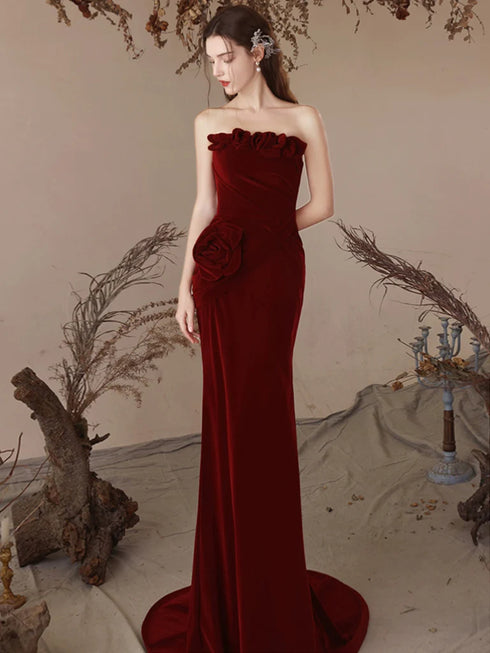 Wine Red Mermaid Velvet Long Party Dress, Wine Red Strapless Long Prom Dress