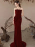 Wine Red Mermaid Velvet Long Party Dress, Wine Red Strapless Long Prom Dress