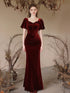 Wine Red Mermaid Short Sleeves Long Formal Dress, Wine Red Velvet Party Dress