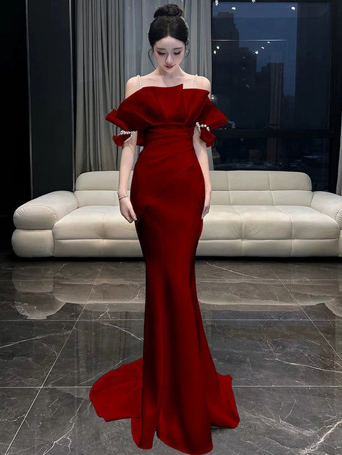 Wine Red Satin Mermaid Pearls Off Shoulder Party Dress, Wine Red Prom Dress