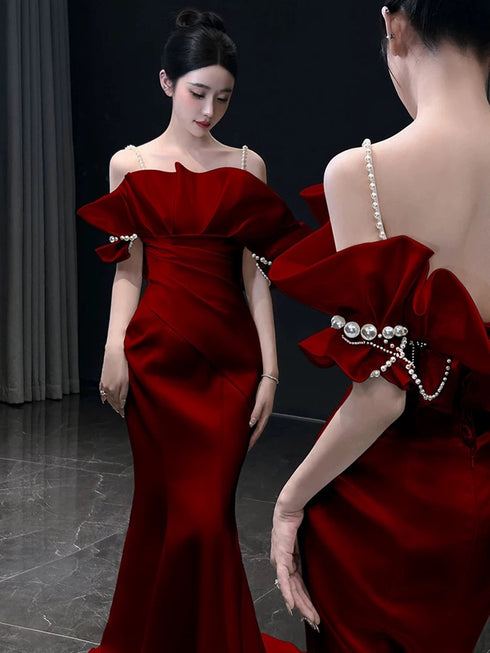 Wine Red Satin Mermaid Pearls Off Shoulder Party Dress, Wine Red Prom Dress