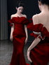 Wine Red Satin Mermaid Pearls Off Shoulder Party Dress, Wine Red Prom Dress