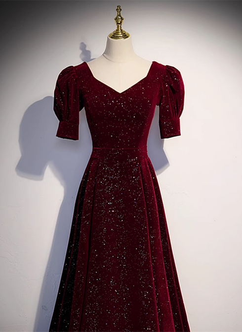 Wine Red Short Sleeves Velvet Long Formal Dress, Wine Red Evening Dress Prom Dress