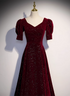 Wine Red Short Sleeves Velvet Long Formal Dress, Wine Red Evening Dress Prom Dress