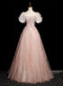 Pink Short Sleeves Tulle Sequins Long Party Dress, Pink Tulle Prom Dress