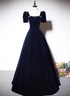 Navy Blue A-line Velvet Long Evening Dress, Short Sleeves Beaded Prom Dress