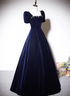 Navy Blue A-line Velvet Long Evening Dress, Short Sleeves Beaded Prom Dress