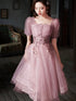 Dark Pink Short Sleeves Tulle with Lace Homecoming Dress, Pink Tulle Short Prom Dress