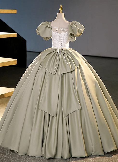Green Short Sleeves Ball Gown Satin Long Party Dress, Green Long Formal Dress