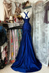 Royal Blue Halter Neck Mermaid Prom Gown, Ruched Satin Formal Prom Dress with Beaded