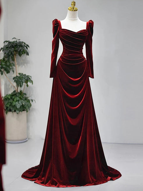 Wine Red Velvet Long Sleeves A-line Wedding Party Dress, Wine Red Velvet Long Prom Dress