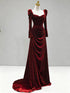 Wine Red Velvet Long Sleeves A-line Wedding Party Dress, Wine Red Velvet Long Prom Dress