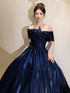 Navy Blue Off Shoulder Satin Floor Length Prom Dress, Navy Blue Sweetheart Evening Dress