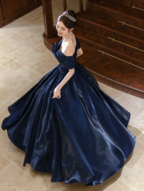 Navy Blue Off Shoulder Satin Floor Length Prom Dress, Navy Blue Sweetheart Evening Dress