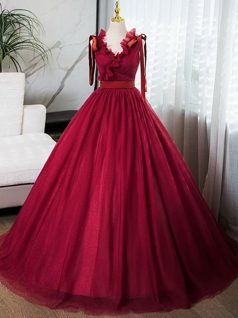 Wine Red Tulle V-neckline Straps Floor Length Party Dress, Wine Red Prom Dress