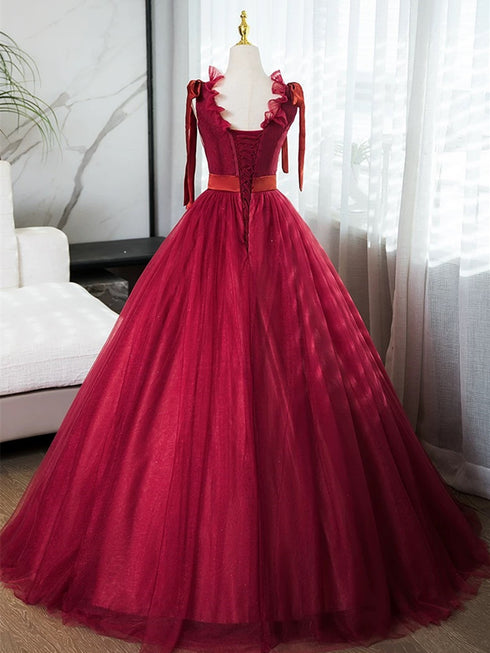 Wine Red Tulle V-neckline Straps Floor Length Party Dress, Wine Red Prom Dress