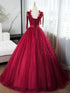 Wine Red Tulle V-neckline Straps Floor Length Party Dress, Wine Red Prom Dress