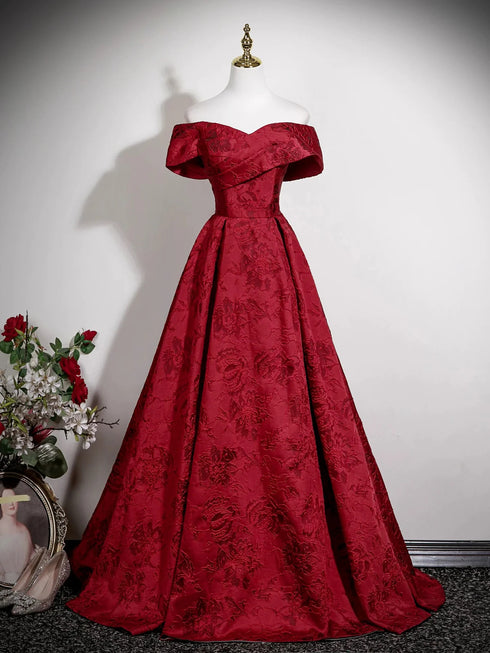 Wine Red Floral Satin Off Shoulder Sweetheart Prom Dress, A-line Wine Red Evening Dress