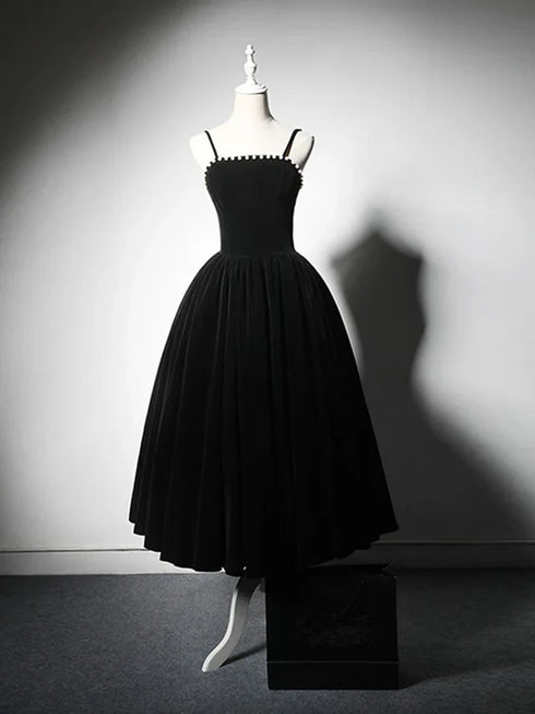 Black Tea Length Straps Velvet Party Dress, Black Velvet Homecoming Dress