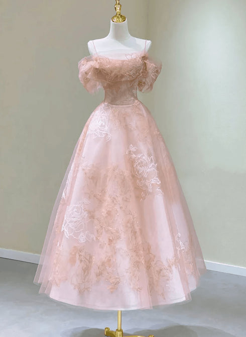 Lovely Pink Tea Length Straps Tulle Formal Dress, Pink Tea Length Prom Dress