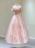 Lovely Pink Tea Length Straps Tulle Formal Dress, Pink Tea Length Prom Dress