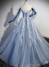 Light Blue Ball Gown Long Sleeves Beaded Party Dress, Light Blue Prom Dress