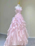 Pink Round Neckline Organza A-line Long Party Dress, Layers Organza Prom Dress