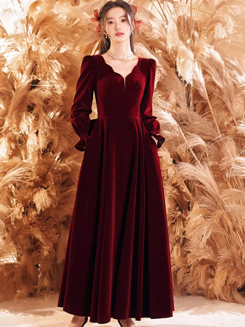 Wine Red Velvet Long Sleeves V-neckline Party Dress, Wine Red Velvet Prom Dress