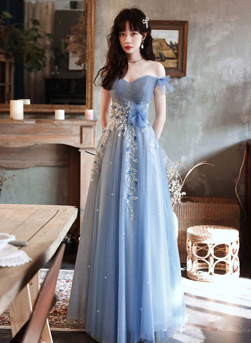 A-line Blue Off Shoulder with Lace Long Evening Dress, Blue Long Prom Dress