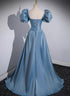 Blue Satin Short Sleeves Long Prom Dress, Blue A-line Party Dress Evening Dress