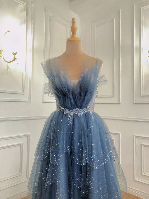 Dark Blue Beaded Straps Low Back Tulle Prom Dress, Blue A-line Party Dress
