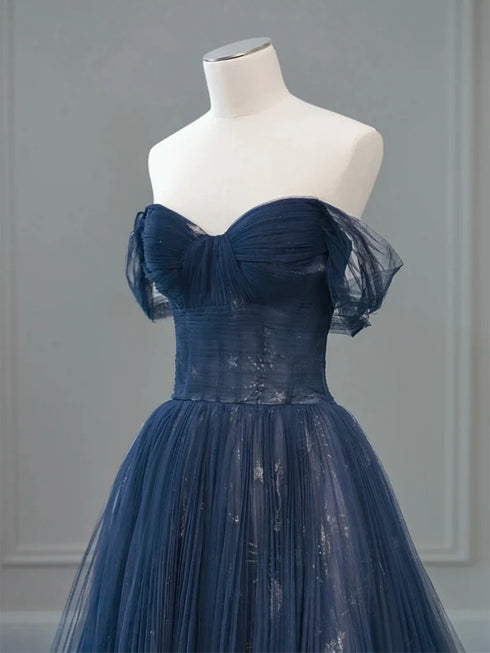 A-line Navy Blue Sweetheart Tulle Long Party Dress, Navy Blue Prom Dress