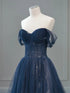 A-line Navy Blue Sweetheart Tulle Long Party Dress, Navy Blue Prom Dress