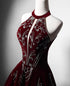 Wine Red Velvet Beaded Halter Long Formal Dress, A-line Velvet Prom Dress