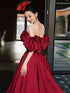 Wine Red Satin Off Shoulder Long Party Dress, Simple Wine Red Prom Dress