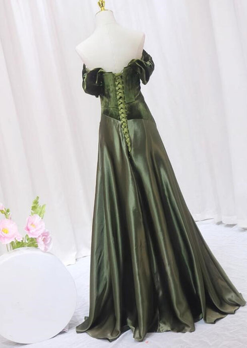A-line Green Sweetheart Velvet Long Party Dress, Green Evening Dress Prom Dress