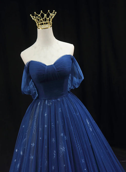 Navy Blue Tulle Sweetheart Long Prom Dress, A-line Navy Blue Evening Dress