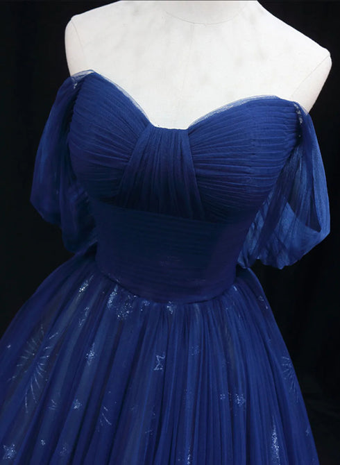 Navy Blue Tulle Sweetheart Long Prom Dress, A-line Navy Blue Evening Dress