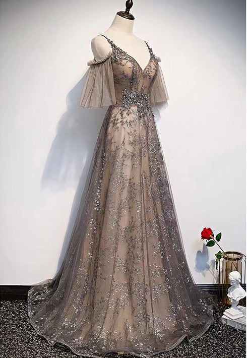 Champagne A-line Straps Lace Low Back Prom Dress, A-line Evening Dress