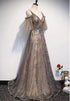 Champagne A-line Straps Lace Low Back Prom Dress, A-line Evening Dress