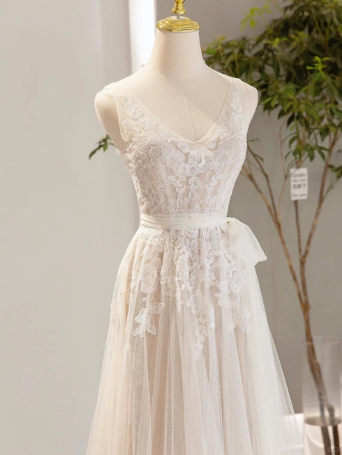 Ivory Tulle with Lace Applique V-neckline Wedding Party Dress, Ivory Tulle Prom Dress