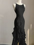 Black Mermaid Round Neckline Low Back Party Dress, Black High Low Prom Dress
