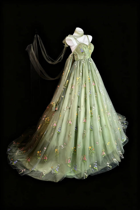 Green Sweetheart Floral Tulle Straps Long Evening Dress, Green Floral A-line Prom Dress